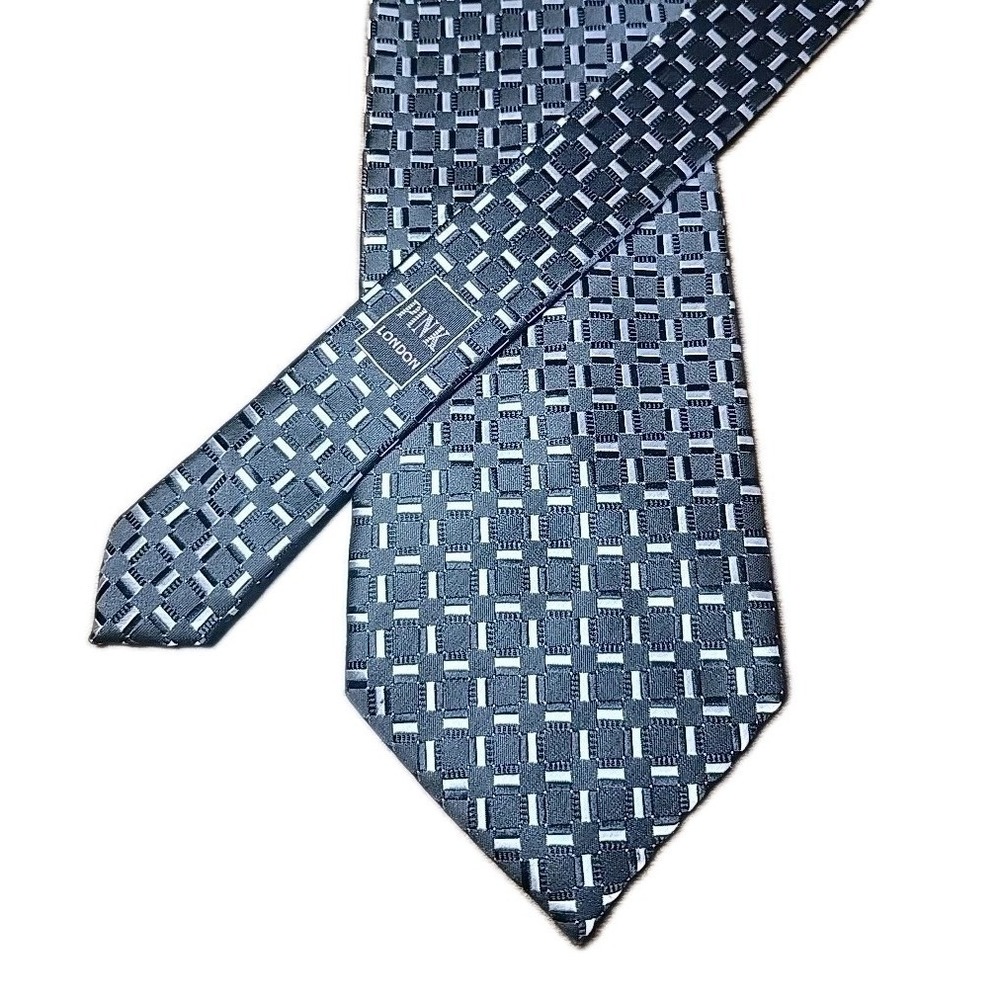 Pink London 100 % Silk Tie Black & Silver Geometric 4 In X 59 In
